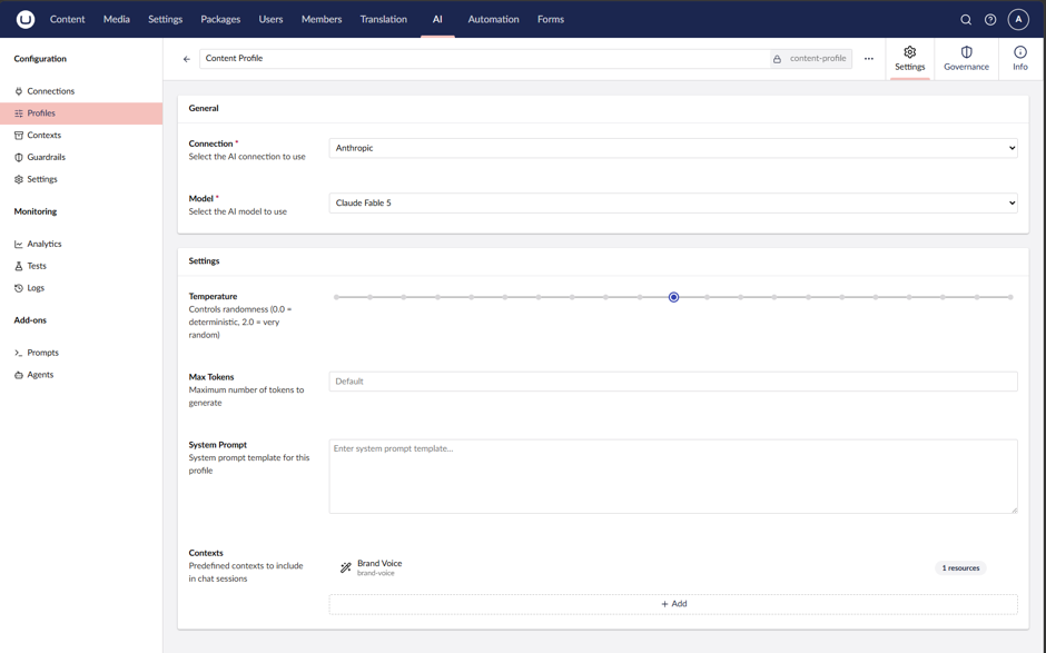 Screenshot of Umbraco AI, Profiles
