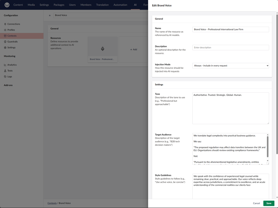 Screenshot of Umbraco AI, Contexts, Brand Voice example.