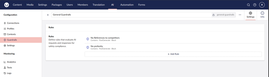 Screenshot of Umbraco AI, Guardrails