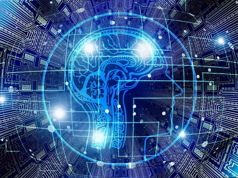 AI generated image of an outline of a human head surrounded by lights