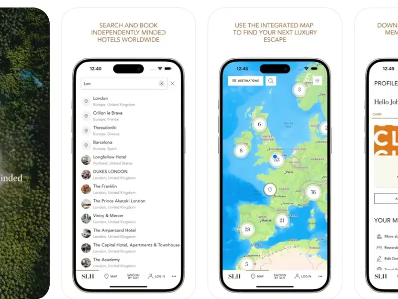 Image showing screen grabs of the SLH.com hotel booking app