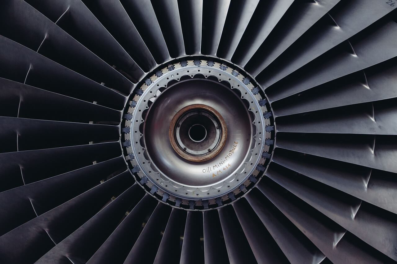 Close up image of a jet engine blades