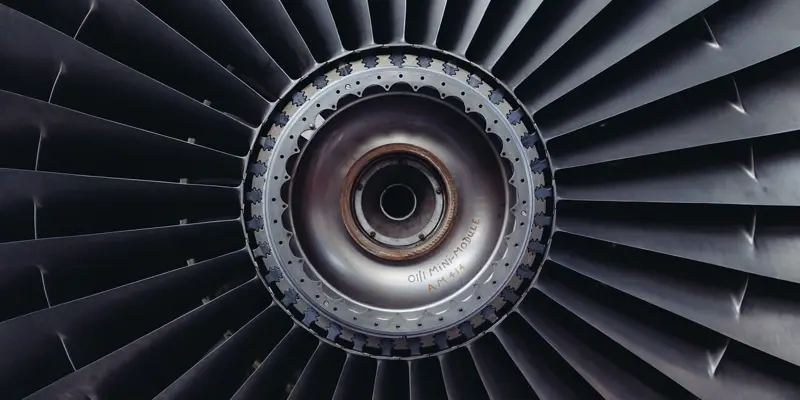 Close up image of a jet engine blades