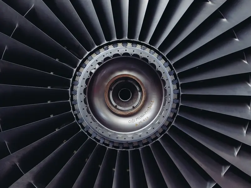 Close up image of a jet engine blades