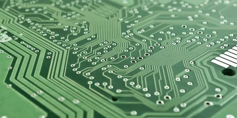 Close up image of a green electrical circuit board