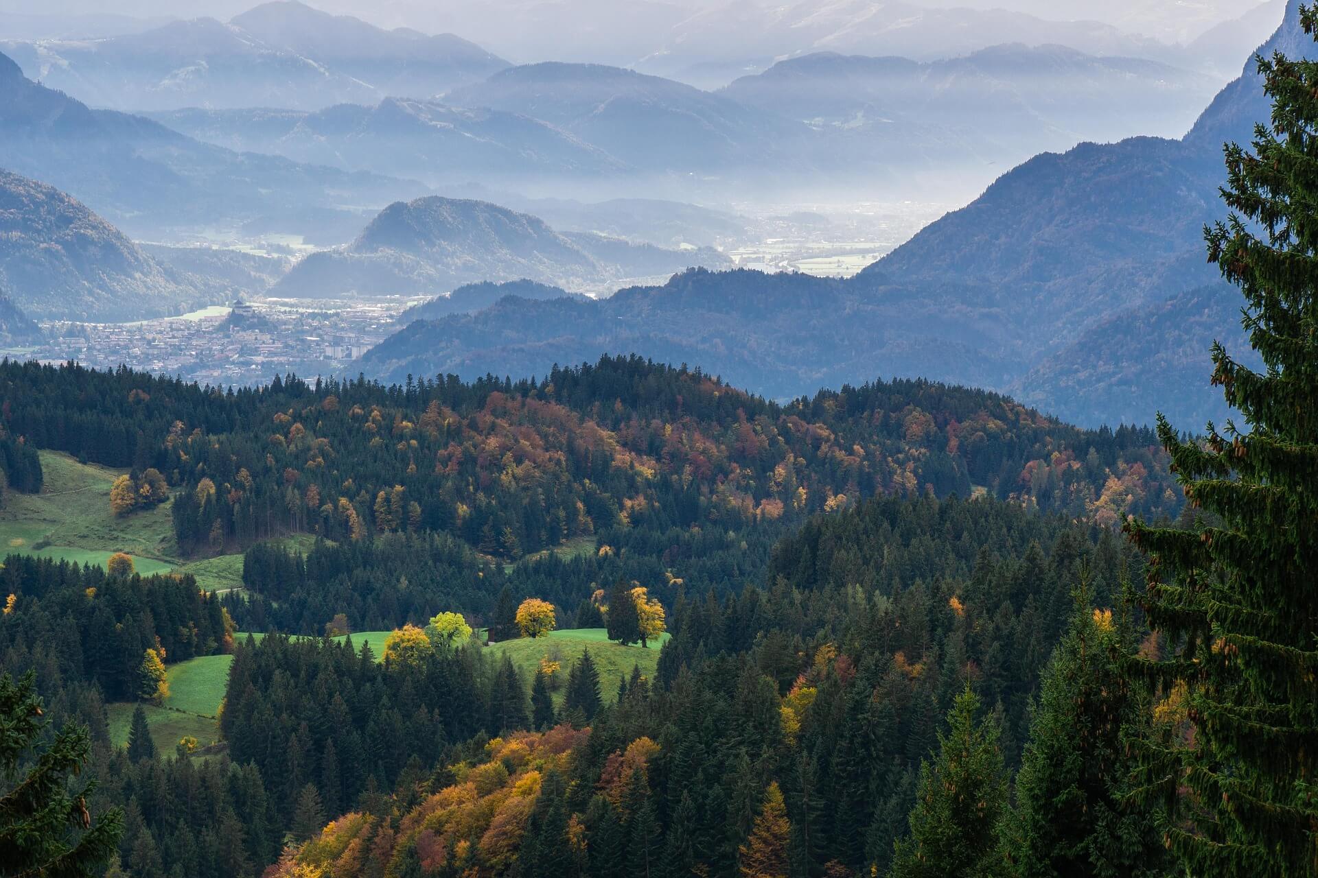 Image of Landscape and mountains in autumn with misty valleys