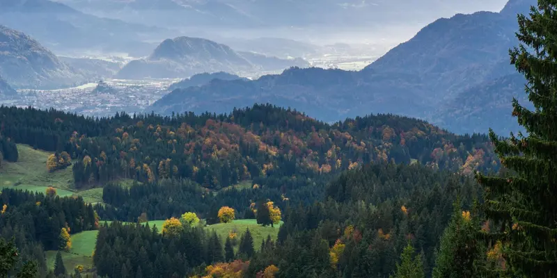 Image of Landscape and mountains in autumn with misty valleys