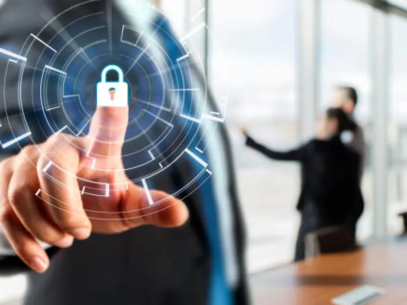 AI generated image showing a man clicking a virtual padlock, to illustrate cyber security