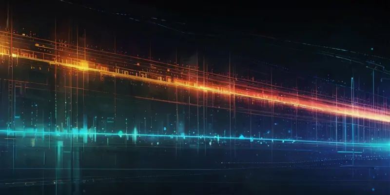 AI generated image of two beams of light against a dark background