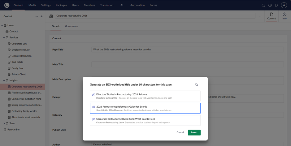 Screenshot of Umbraco AI, Field level prompt results dialog offering the user 3 options.