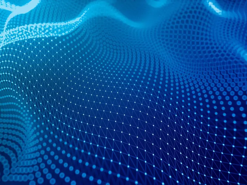 An AI generated image of dots of light in a wave formation