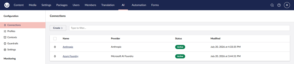 Screenshot of Umbraco AI, showing Connections