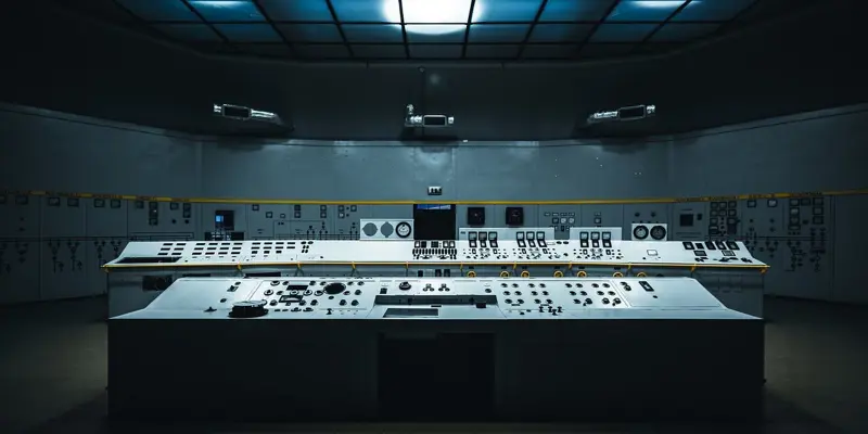 Image of an old fashioned electronic control desk with buttons and switches.