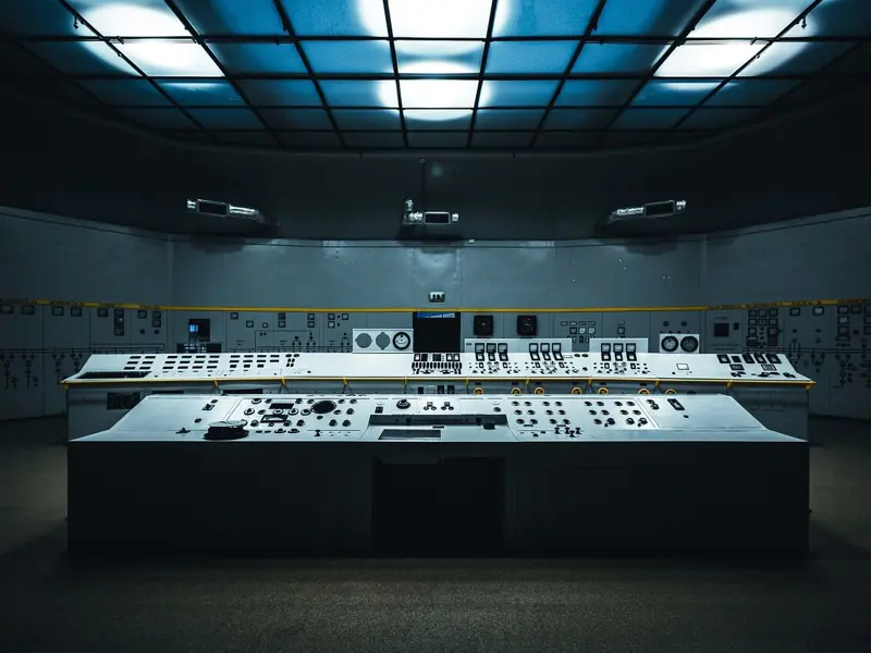 Image of an old fashioned electronic control desk with buttons and switches.