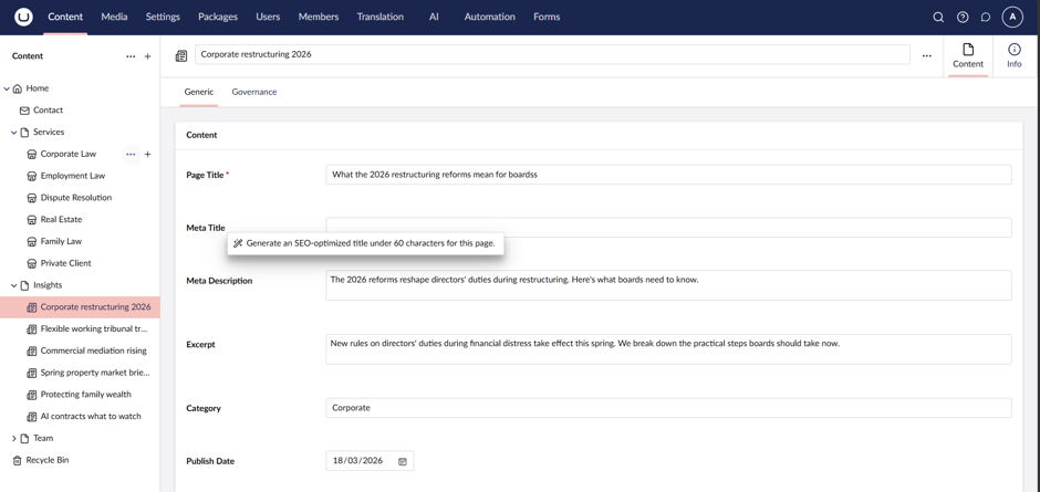 Screenshot of Umbraco AI, Field level prompts asking for SEO-Optimissed title under 60 characters